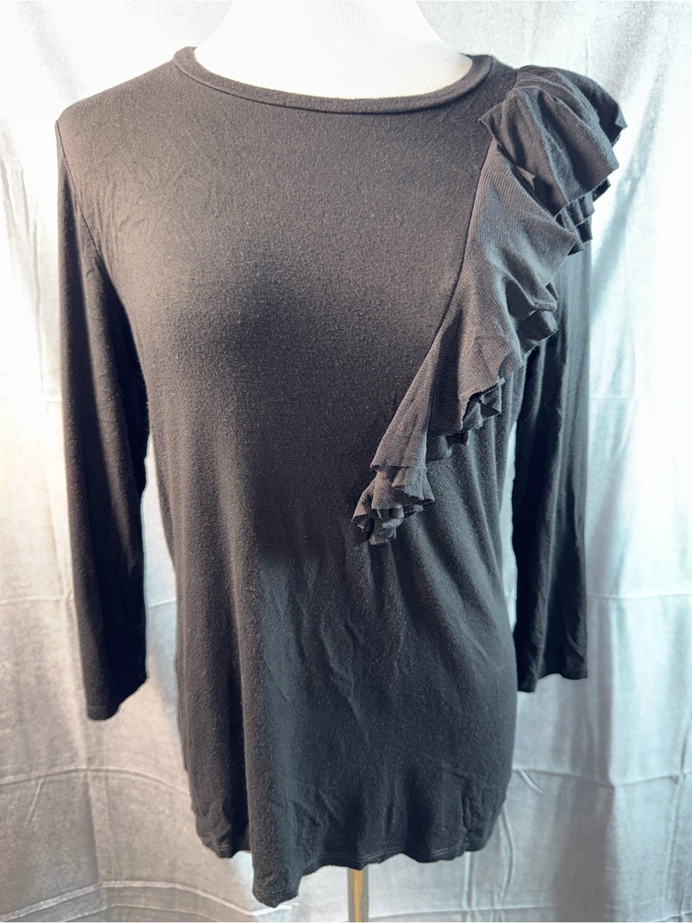 2011-Premise Black Long Sleeve Ruffle Detail Tee